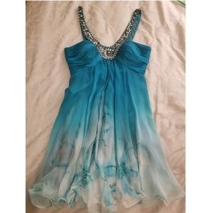 Hand-Painted Watercolor Blue Sherri Hill Cocktail Dress - Size 4